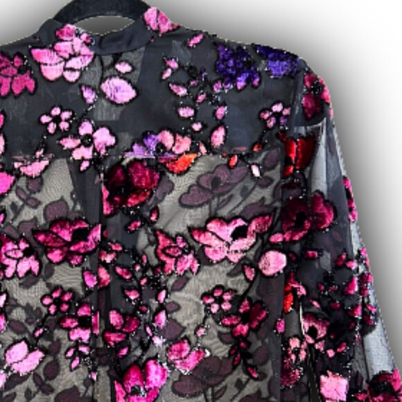 Alice + Olivia Velvet Flocked Sheer Chiffon Designer Blouse XS Black Seen on TV - Picture 5 of 13